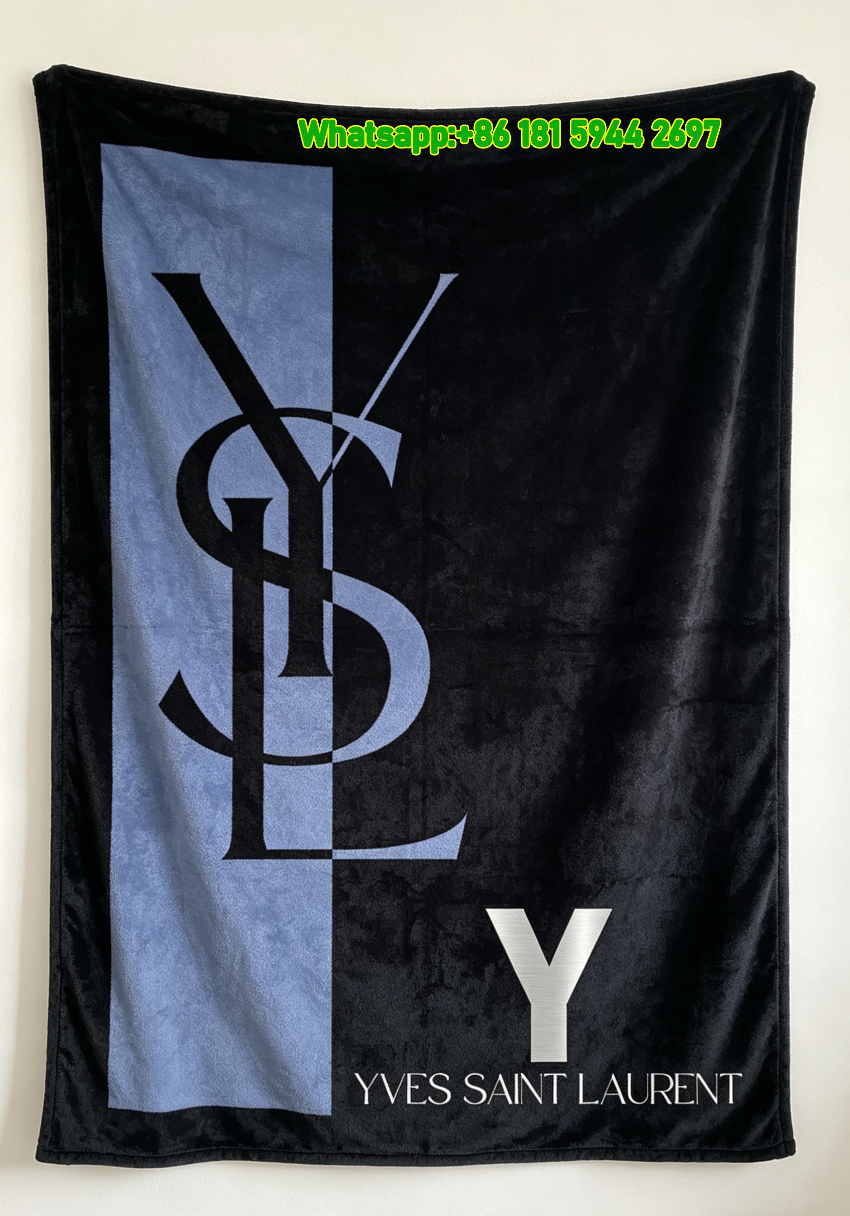 Yves Saint Laurent YS Black and Blue Two Tone Logo Printed Fleece Throw Blanket IMG_3205